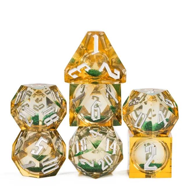 Green Glitter in Yellow & Clear Liquid Filled Sharp Resin - 7pcs RPG Dice Set