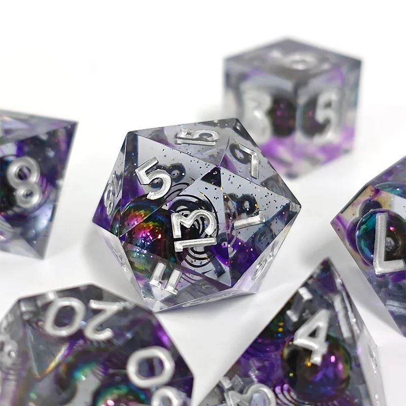 Bead Swirl in Purple & Clear Filled Sharp Resin - 7pcs RPG Dice Set