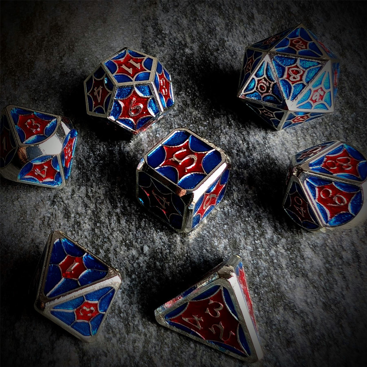 Blue & Red Spider's Web in Silver Metal - 7pcs RPG Dice Set