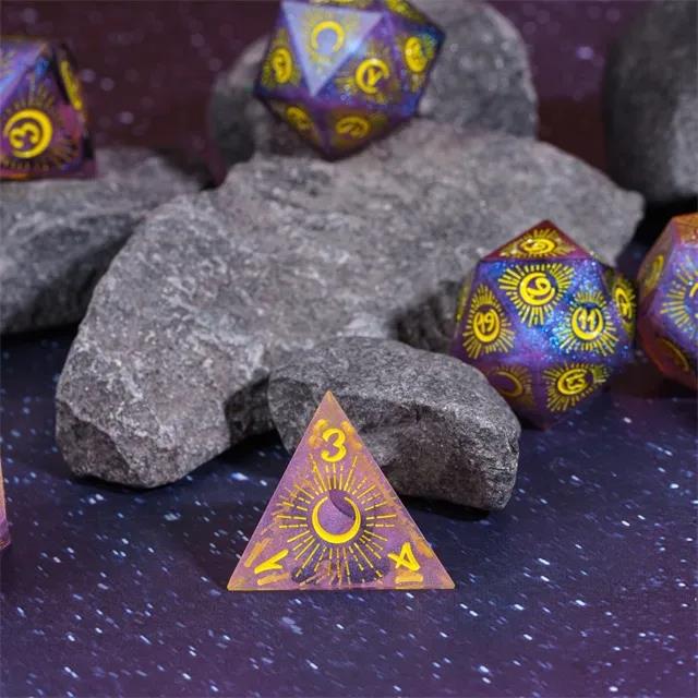 Moon on Purple with Black Swirl Sharp Resin - 7pcs RPG Dice Set