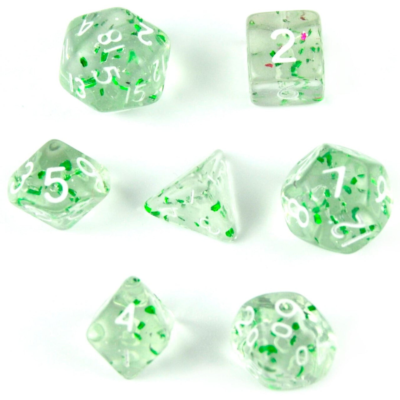 Glitter in Clear & Green Acrylic - 7pcs RPG Mini Dice Set