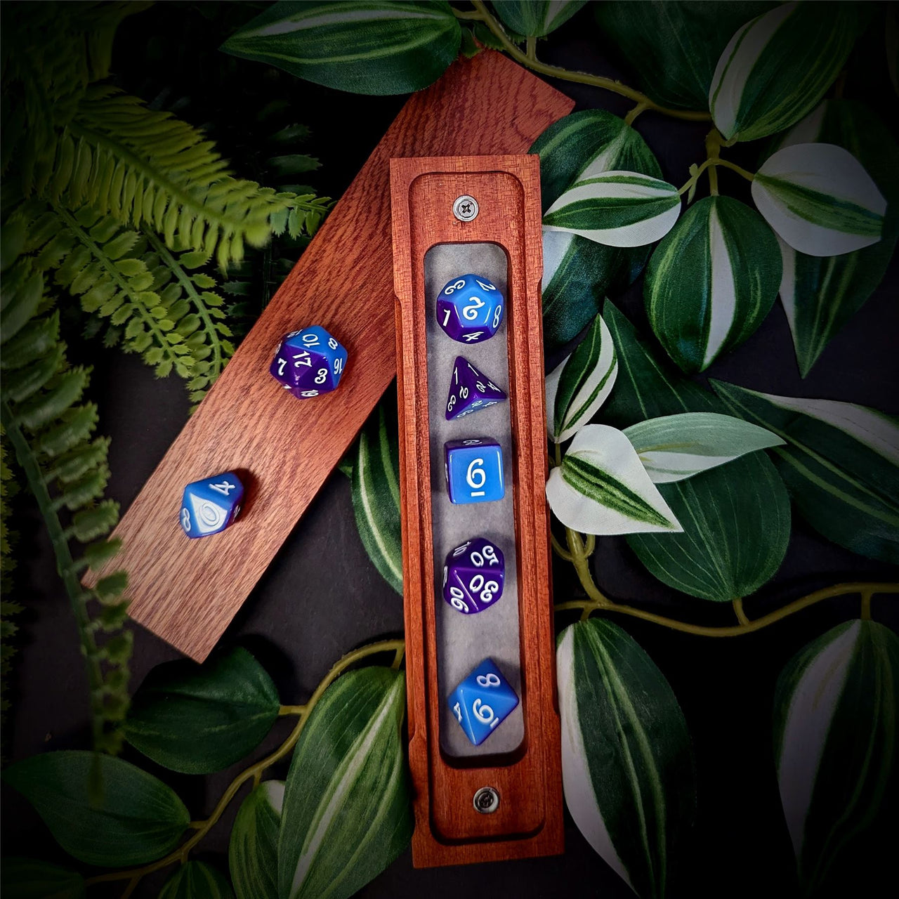 Blend of Blue & Purple Acrylic - 7pcs RPG Full Dice Set Box Setup