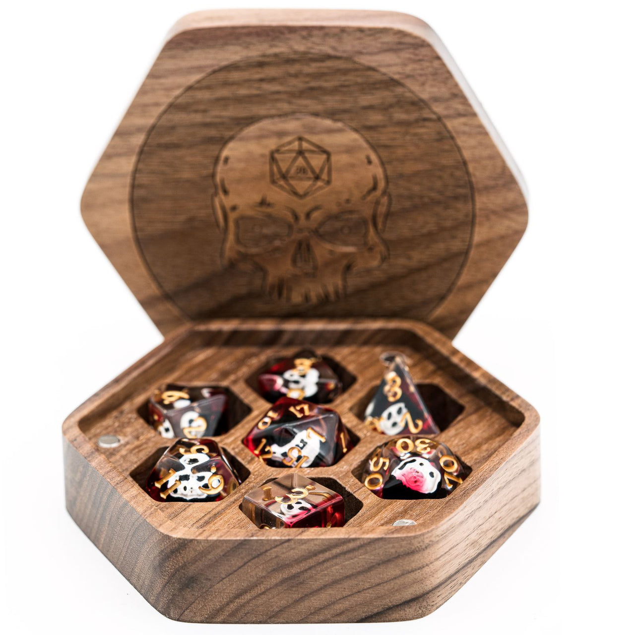 Skull on Walnut Wood with 7 Slots -  Magnetic Dice Storage