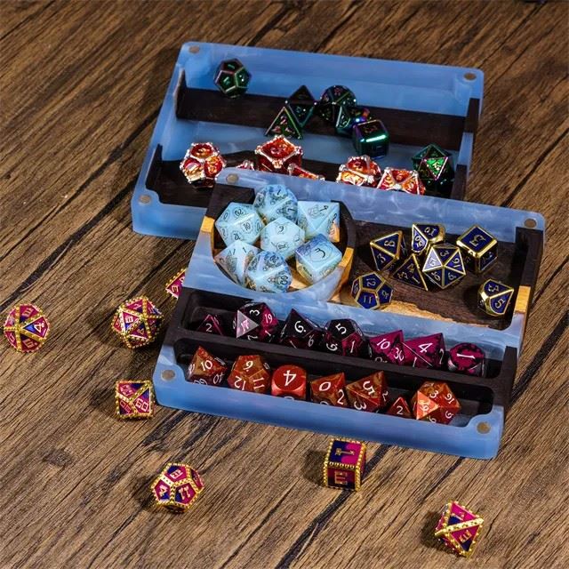 Blue Resin on Wood with 7 Slots - Magnetic Dice Storage