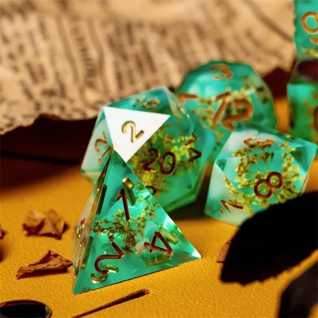 Yellow Flower in Clear & Green Filled Sharp Resin - 7pcs RPG Dice Set