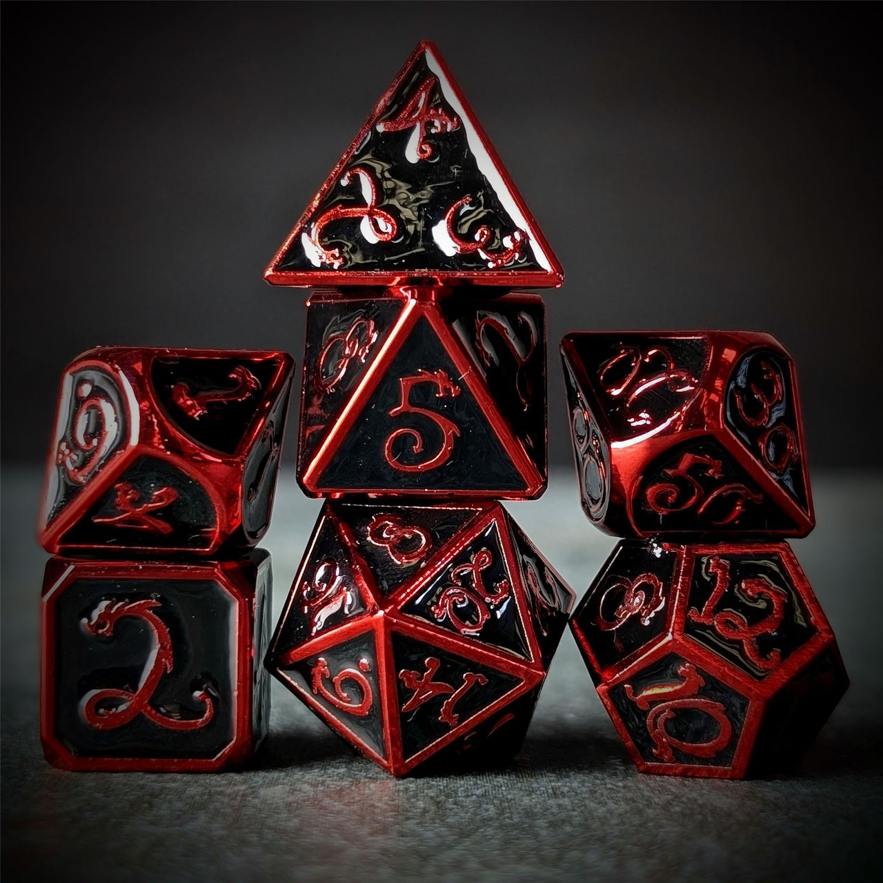 Black Metal with Red Dragon Font - 7pcs RPG Dice Set