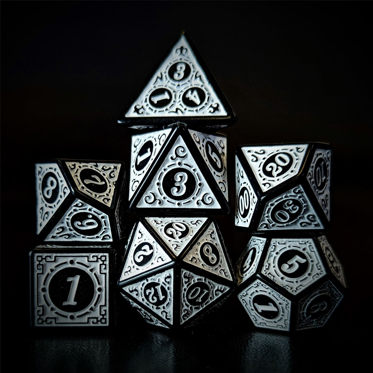 White Lattice on Black Acrylic - 7pcs RPG Full Dice Set Dark Stack