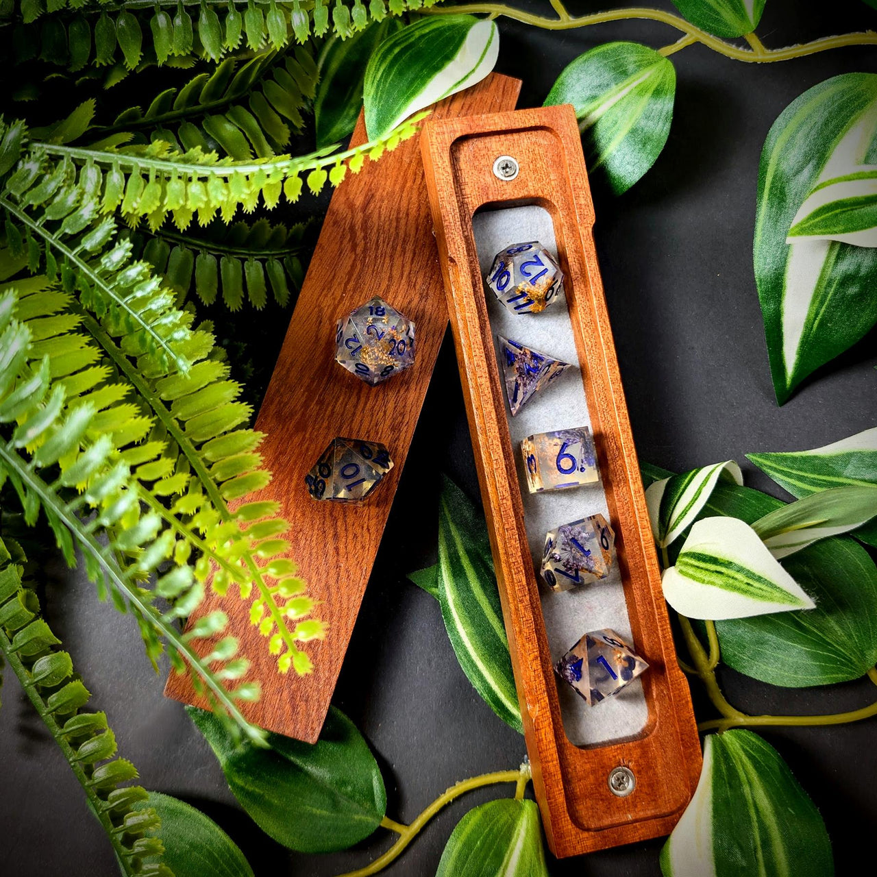 Flower in Yellow & Purple Filled Sharp Resin - 7pcs RPG Dice Set
