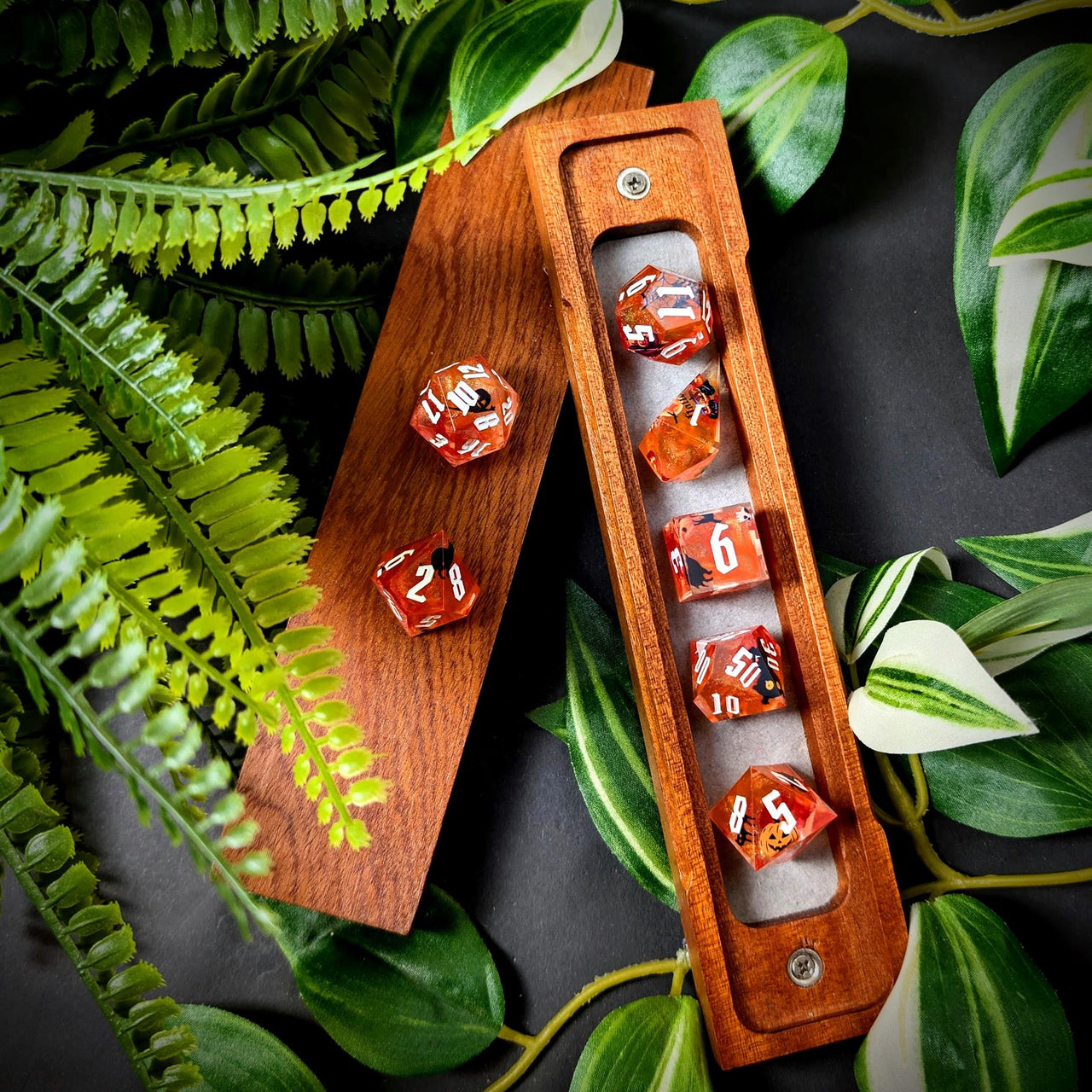 Halloween Ghosts in Orange Filled Sharp Resin - 7pcs RPG Dice Set