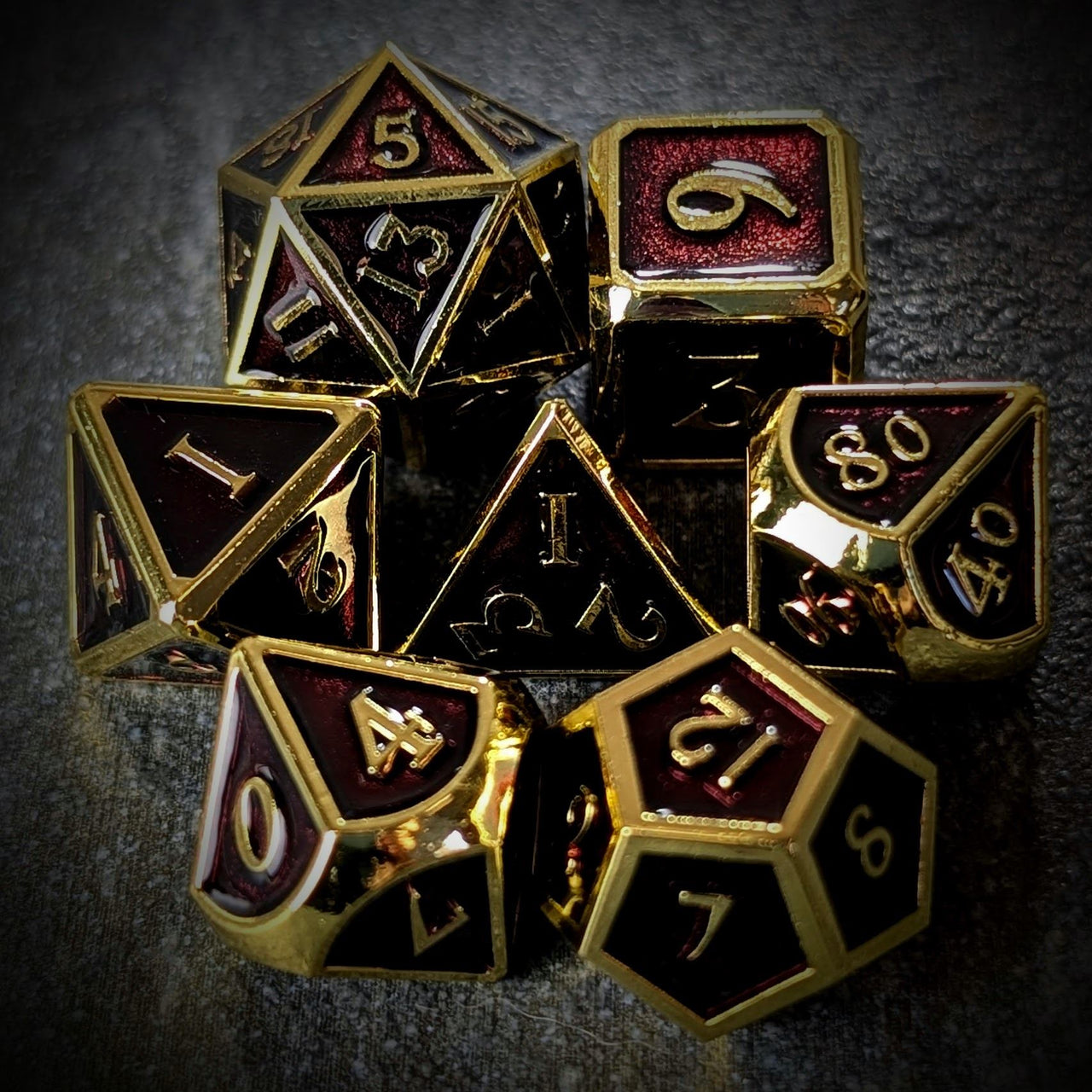 Purple Enamel in Gold Metal - 7pcs RPG Dice Set