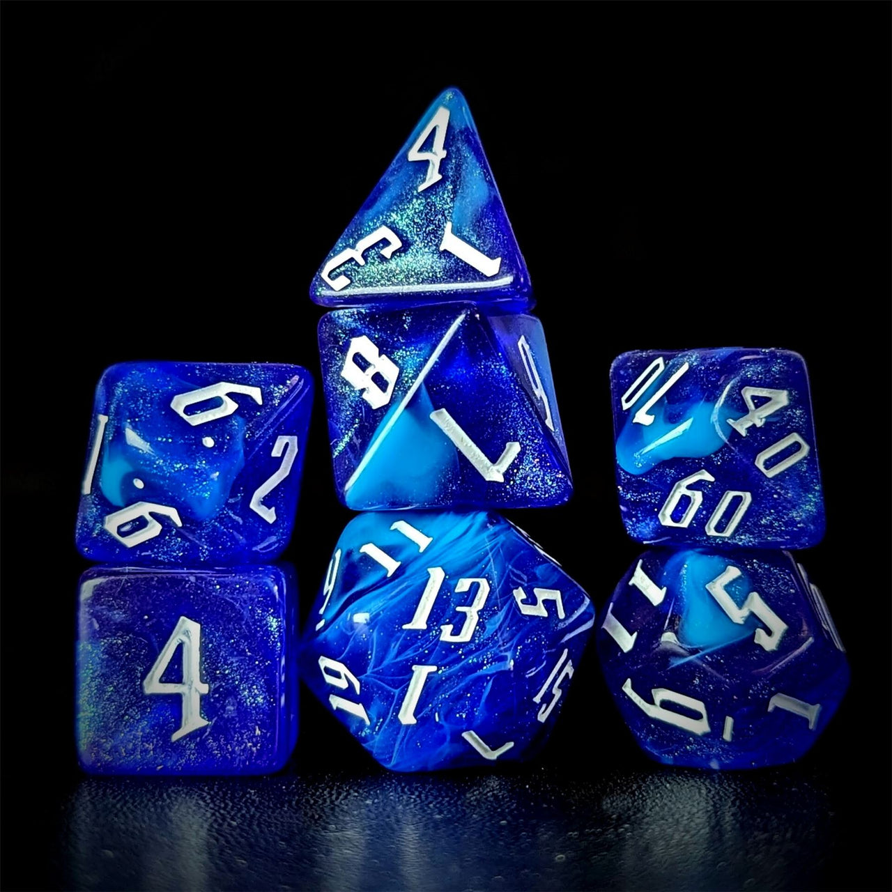 Glitter in Royal Blue & White Acrylic - 7pcs RPG Full Dice Set Dark Stack