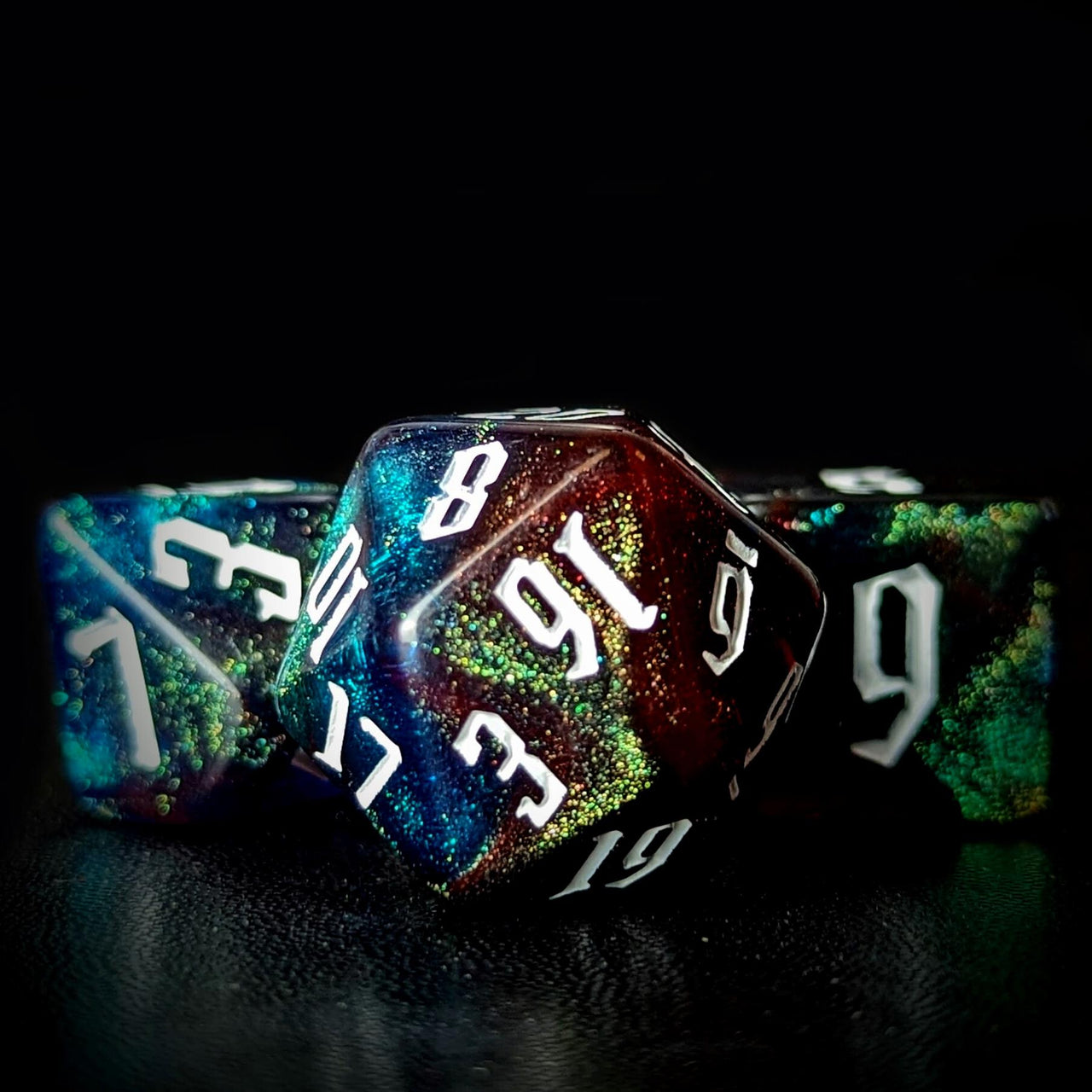 Glitter in Red & Blue Acrylic - 7pcs RPG Full Dice Set
