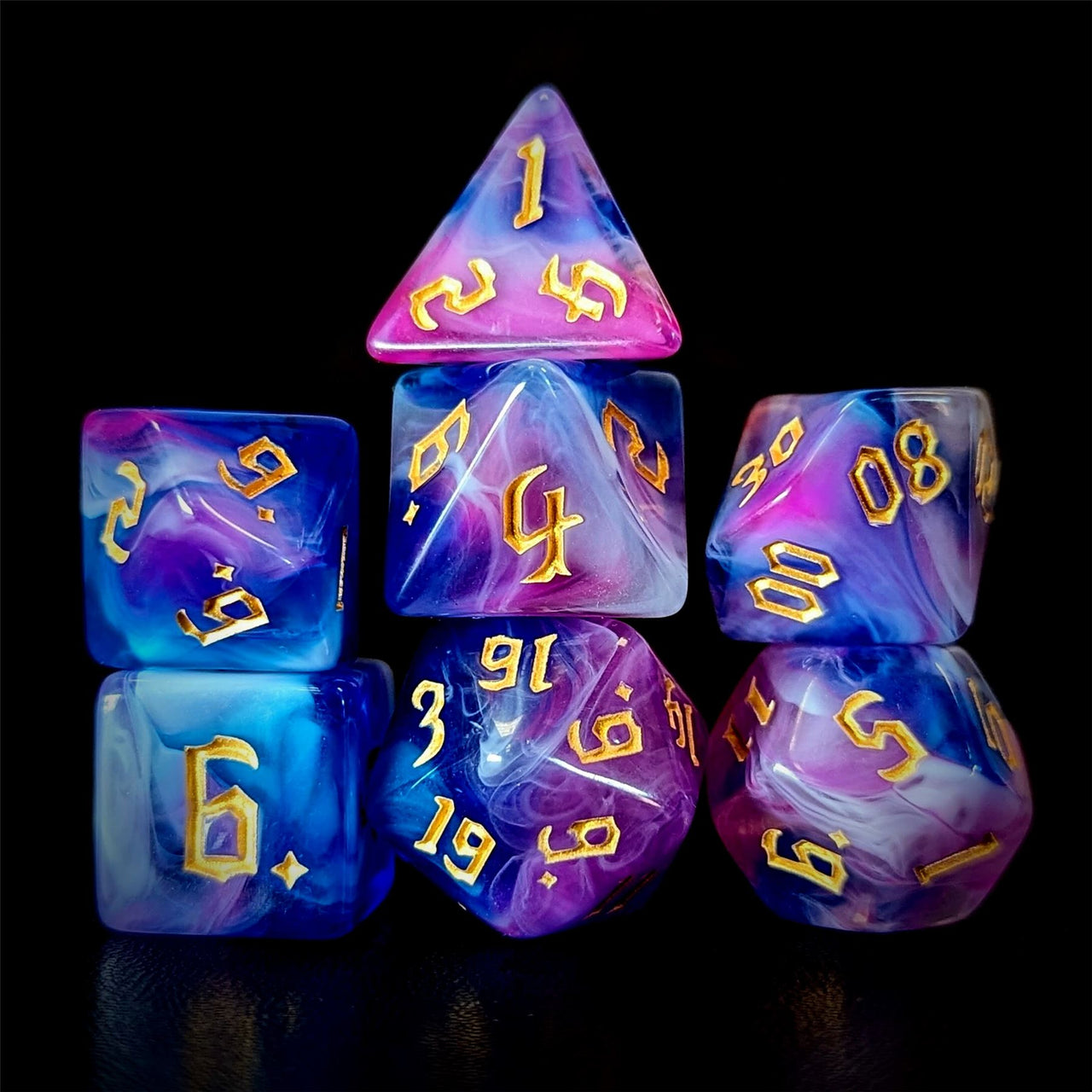 Blend of Blue & Pink Acrylic - 7pcs RPG Full Dice Set Dark Stack