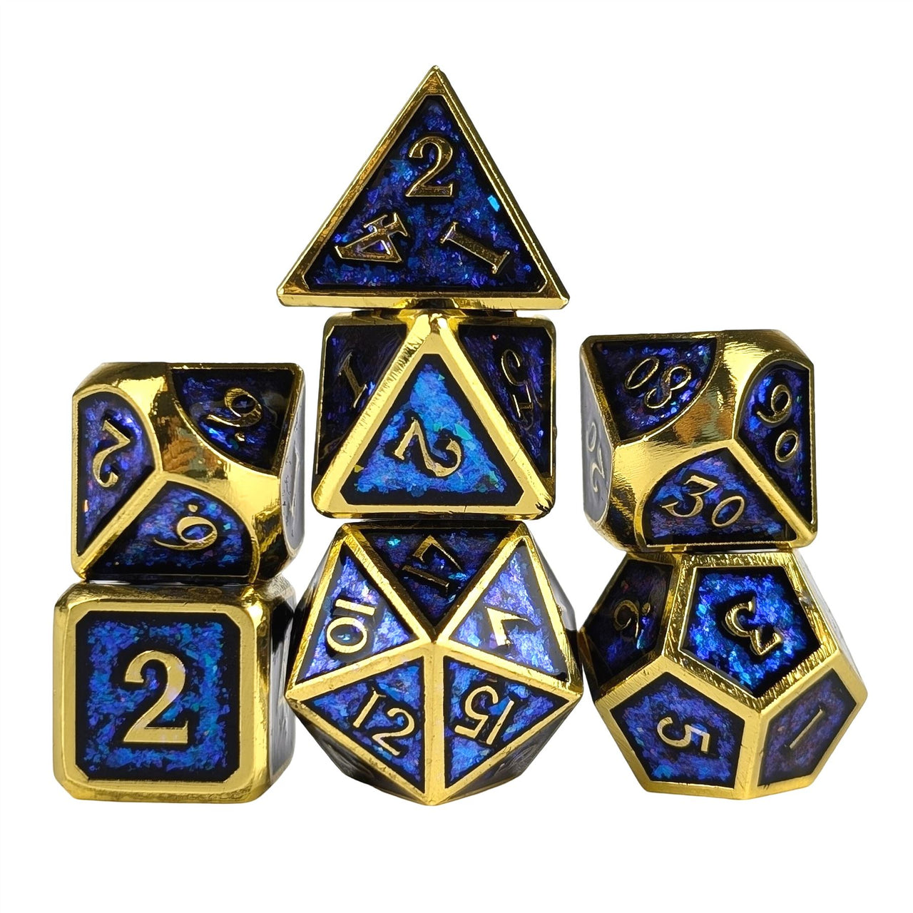 Glitter Blue Enamel in Gold Metal - 7pcs RPG Dice Set