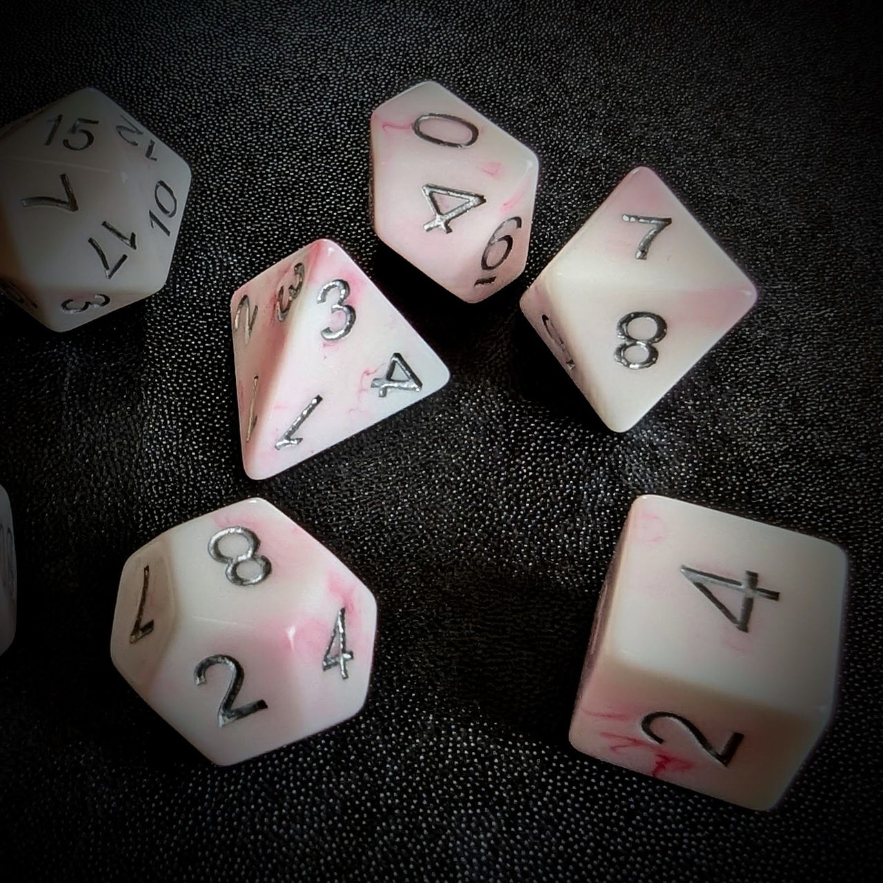 Pink Swirl in White Resin - 7pcs RPG Full Dice Set