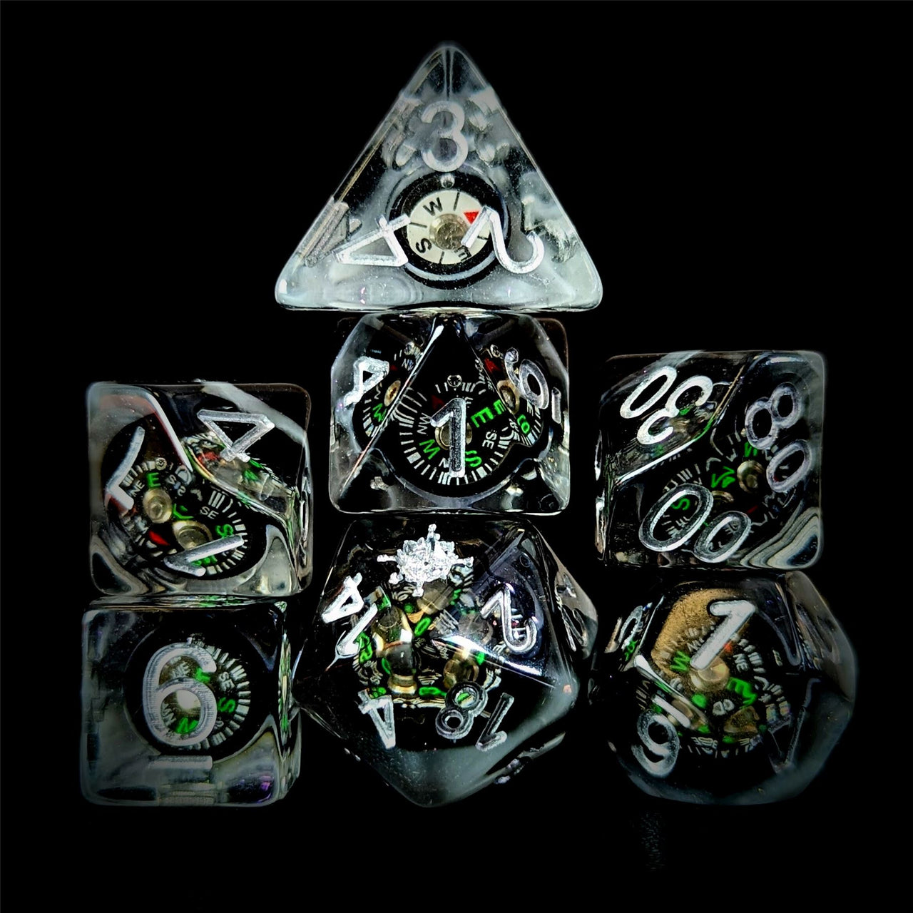 Compass in Clear & Black Resin - 7pcs RPG Full Dice Set