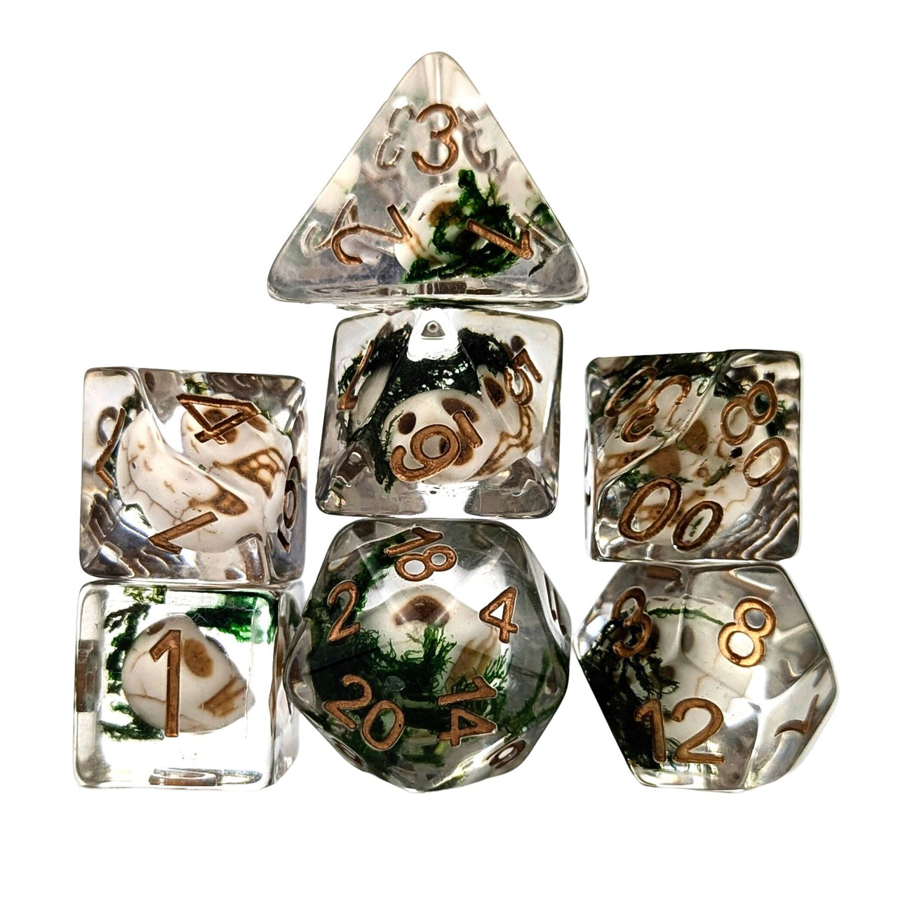 Skull in Moss Clear Resin - 7pcs RPG Full Dice Set