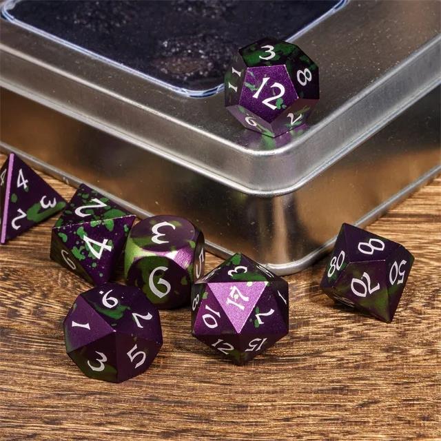 7pcs RPG Dice Set - Green & Purple Anodized Aluminium