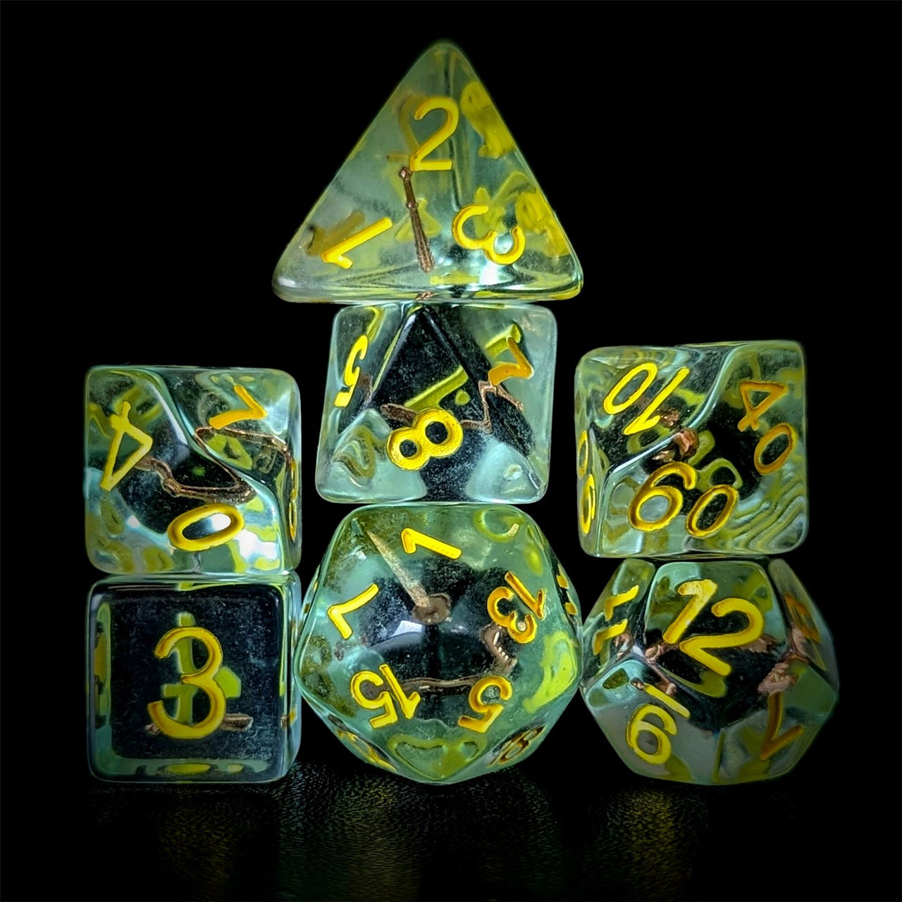 Mace in Clear & Green Resin - 7pcs RPG Full Dice Set