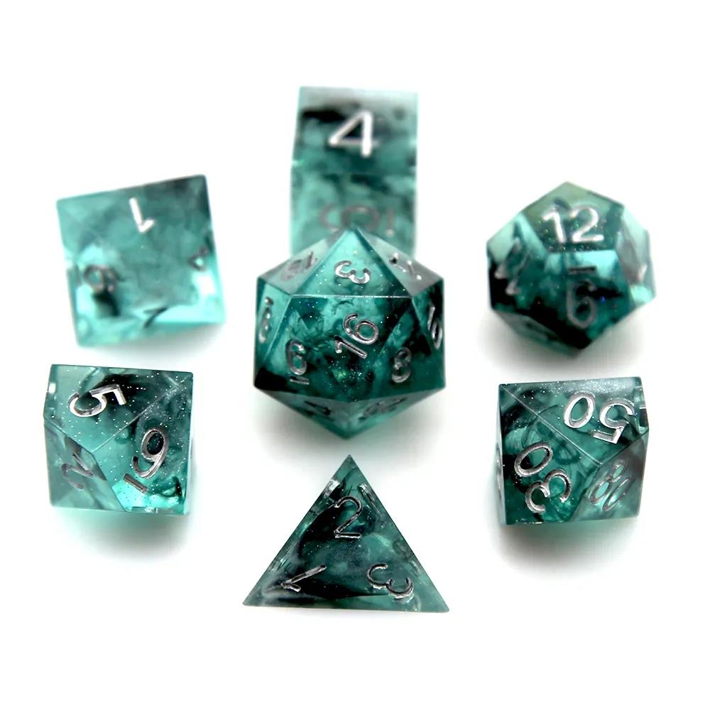 Black Swirl in Teal & Clear with Silver Glitter Sharp Resin - 7pcs RPG Dice Set