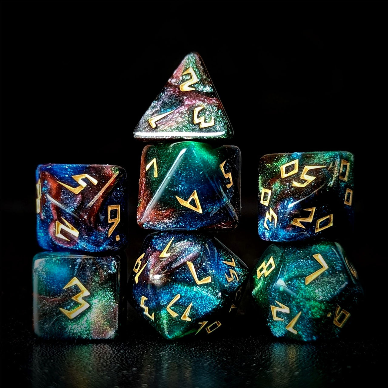 Glitter in Green & Blue Acrylic - 7pcs RPG Full Dice Set Dark Stack