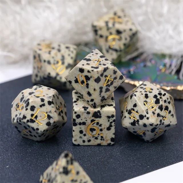 White Dalmatian Jasper Gemstone - 7pcs RPG Dice Set