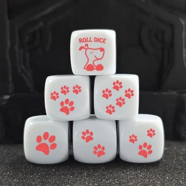 6pcs D6 16mm Dice Acrylic Pink Font Printed Dog Paws White