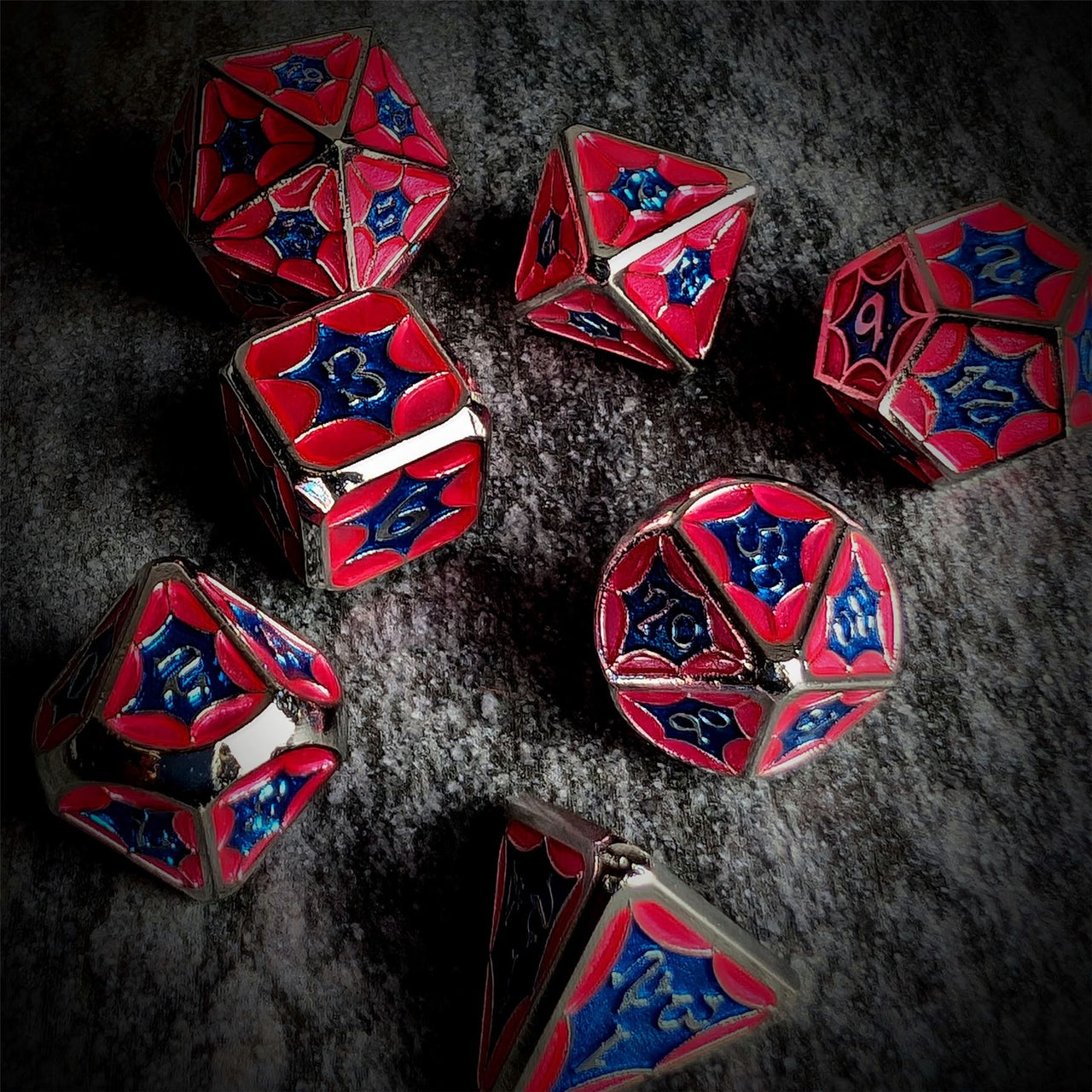 Pink & Blue Spider's Web in Silver Metal - 7pcs RPG Dice Set