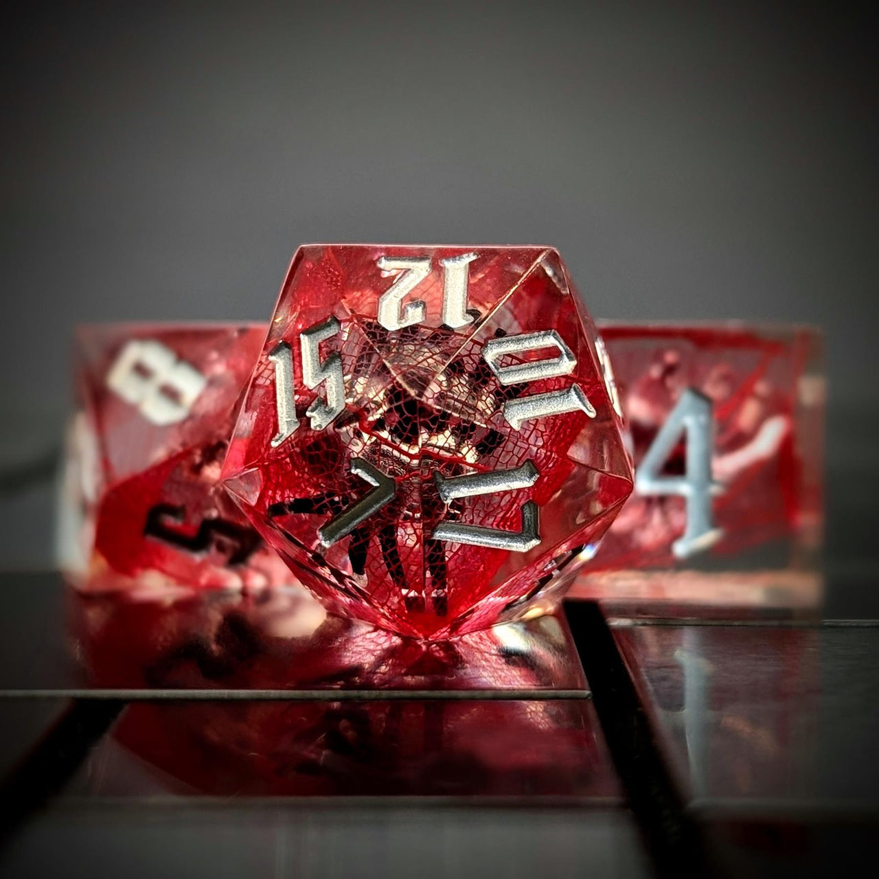 Spider in Clear & Red Filled Sharp Resin - 7pcs RPG Dice Set