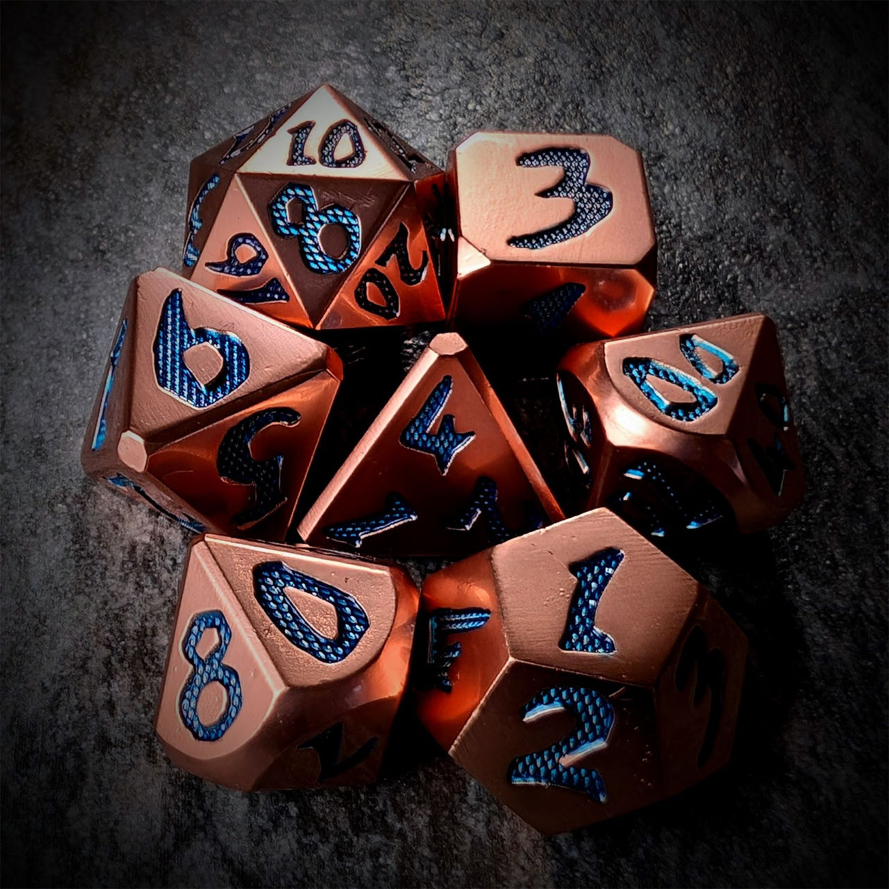 Blue Font in Copper Metal - 7pcs RPG Dice Set