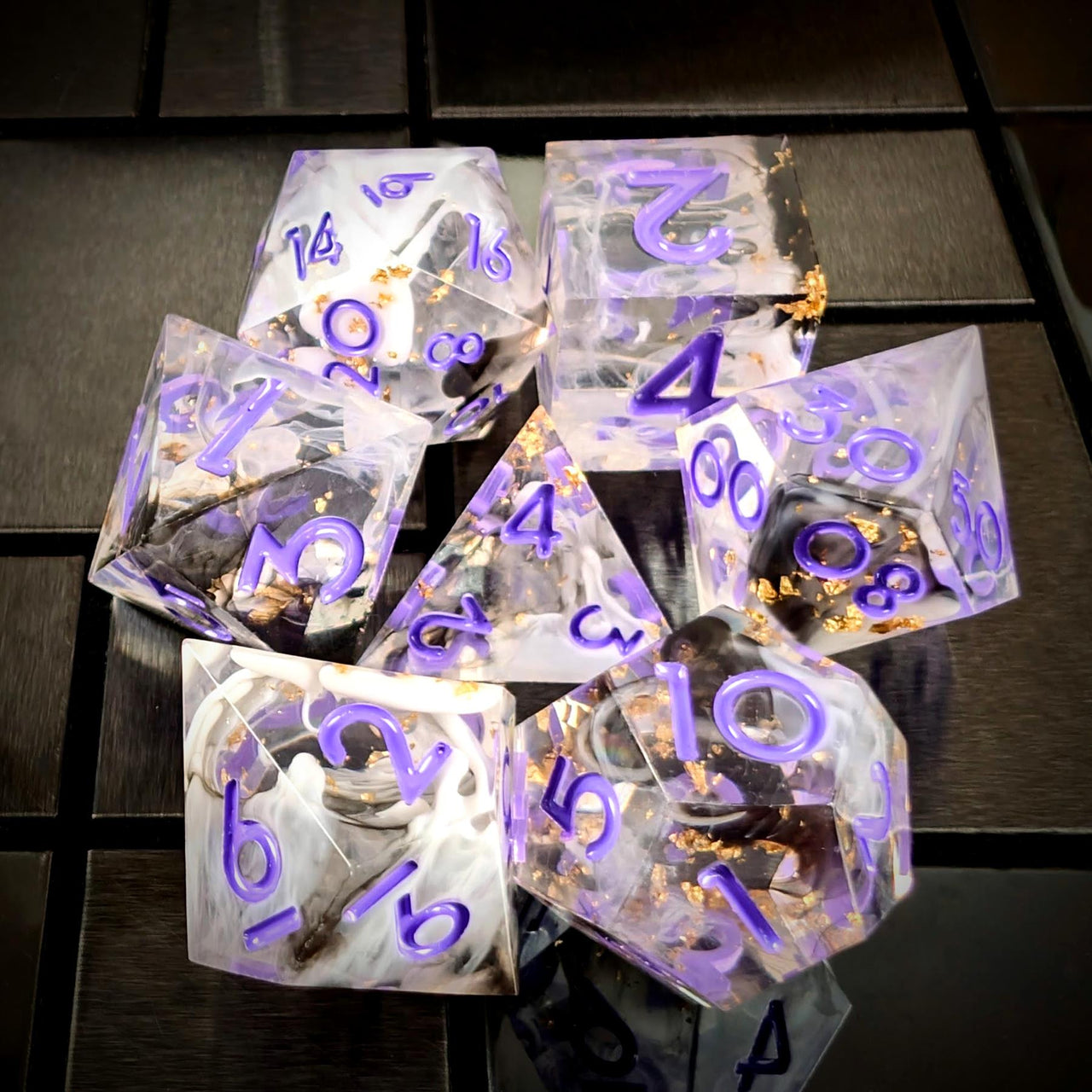Purple Swirl in Black, White & Clear with Gold Foil Sharp Resin - 7pcs RPG Dice Set