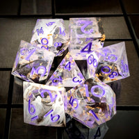 Thumbnail for Purple Swirl in Black, White & Clear with Gold Foil Sharp Resin - 7pcs RPG Dice Set