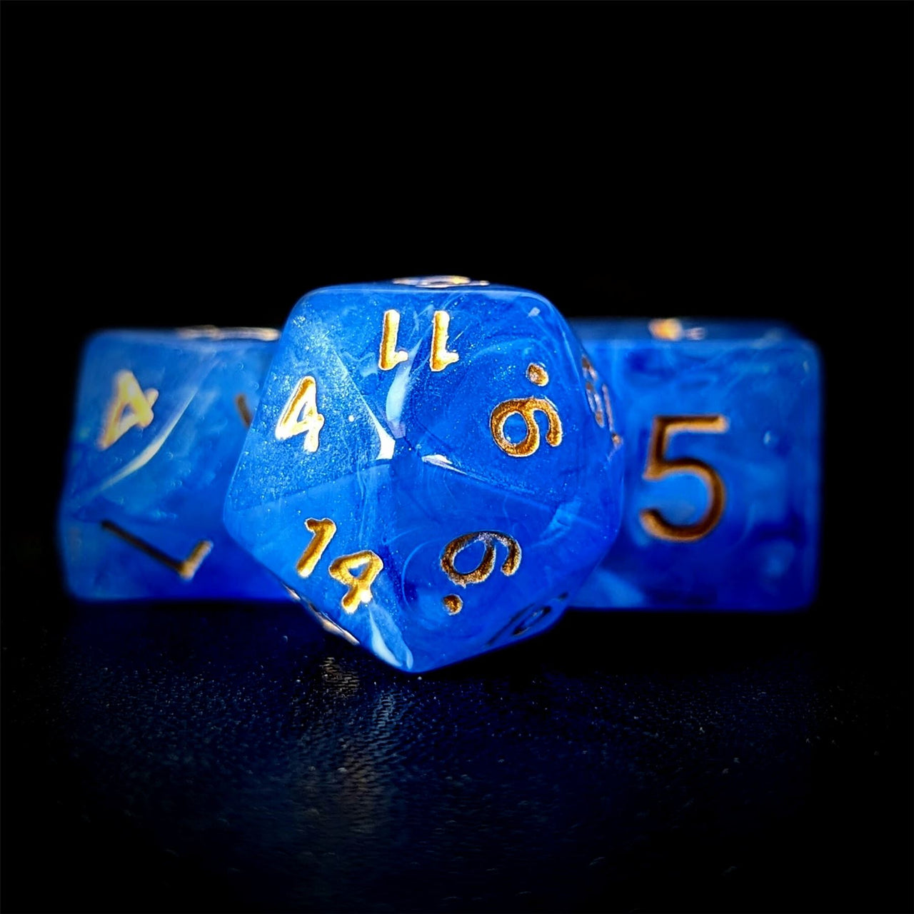 Blue Silk Acrylic - 7pcs RPG Full Dice Set Close