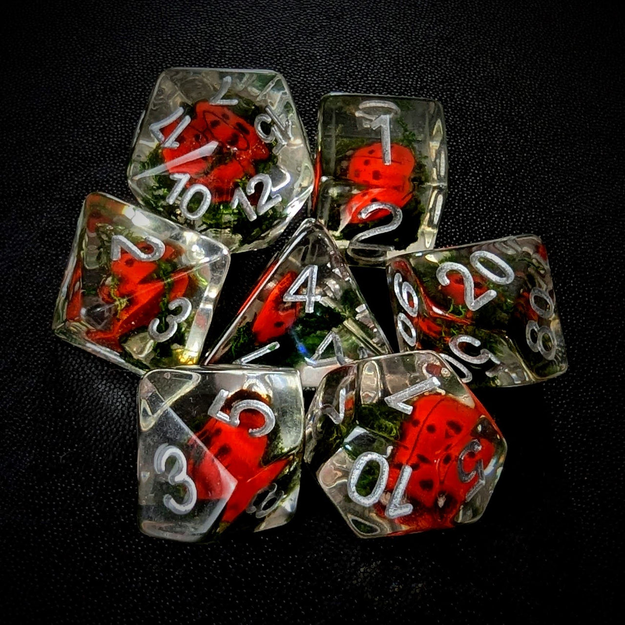 Ladybird in Moss Clear Resin - 7pcs RPG Full Dice Set