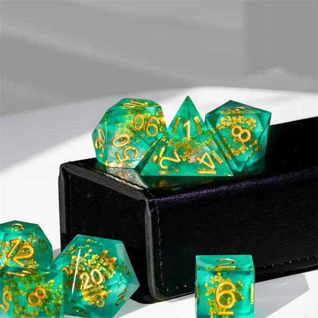 Yellow Flower in Clear & Green Filled Sharp Resin - 7pcs RPG Dice Set