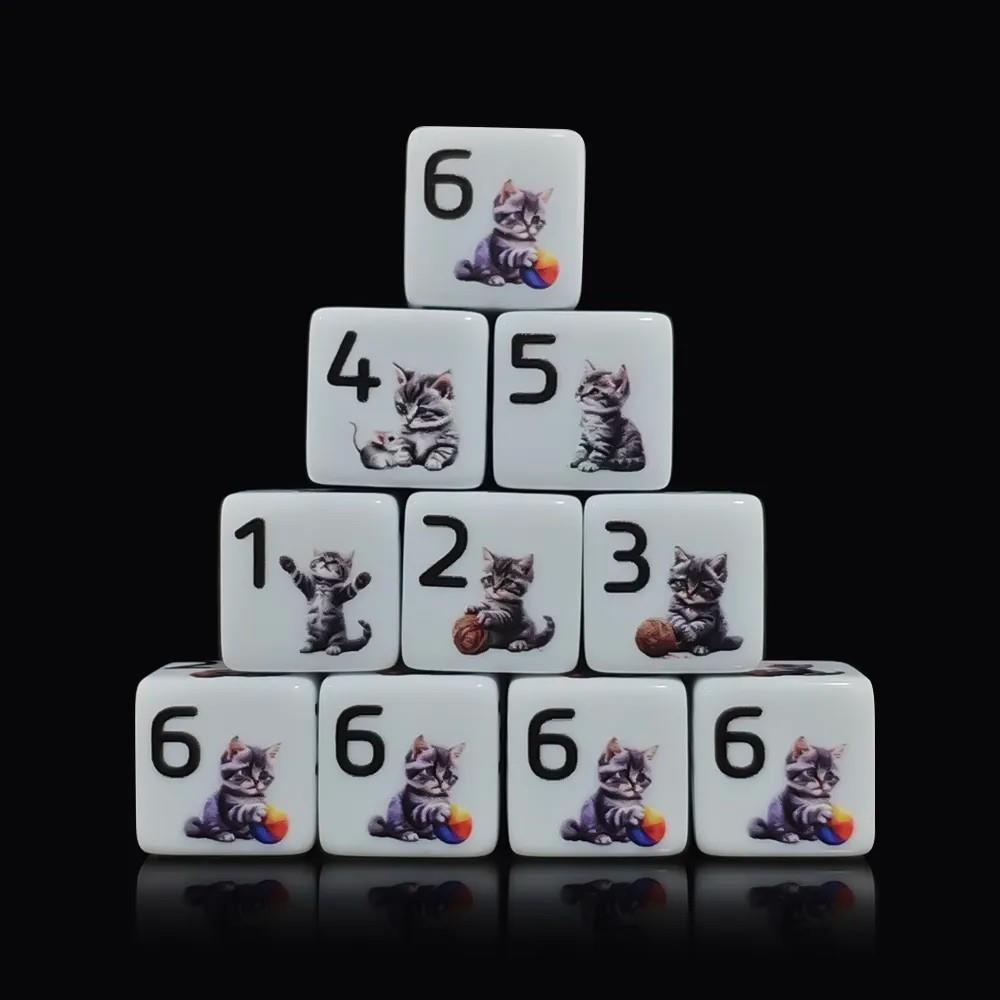 6pcs D6 16mm Dice Acrylic Printed Kitten Cat Black Font White