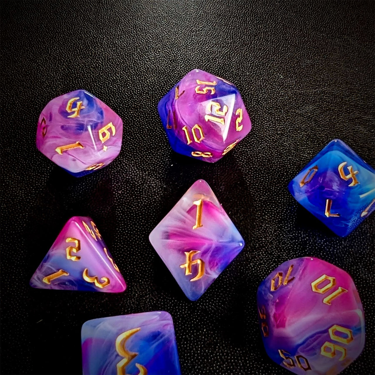 Blend of Blue & Pink Acrylic - 7pcs RPG Full Dice Set Scatter