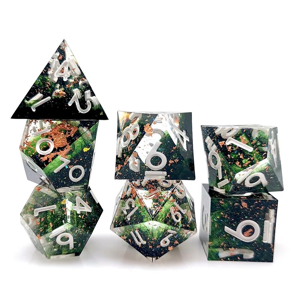 Green Swirl in Black & Clear with Copper Foil Sharp Resin - 7pcs RPG Dice Set