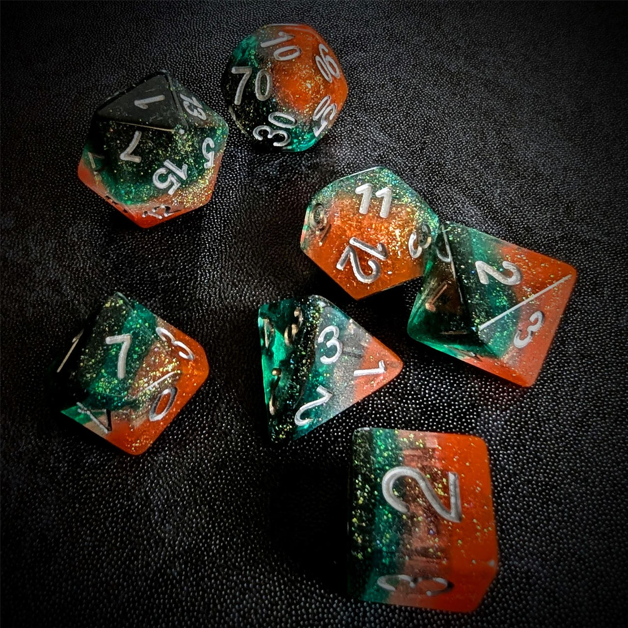 Glitter in Green, Teal & Orange Resin - 7pcs RPG Full Dice Set