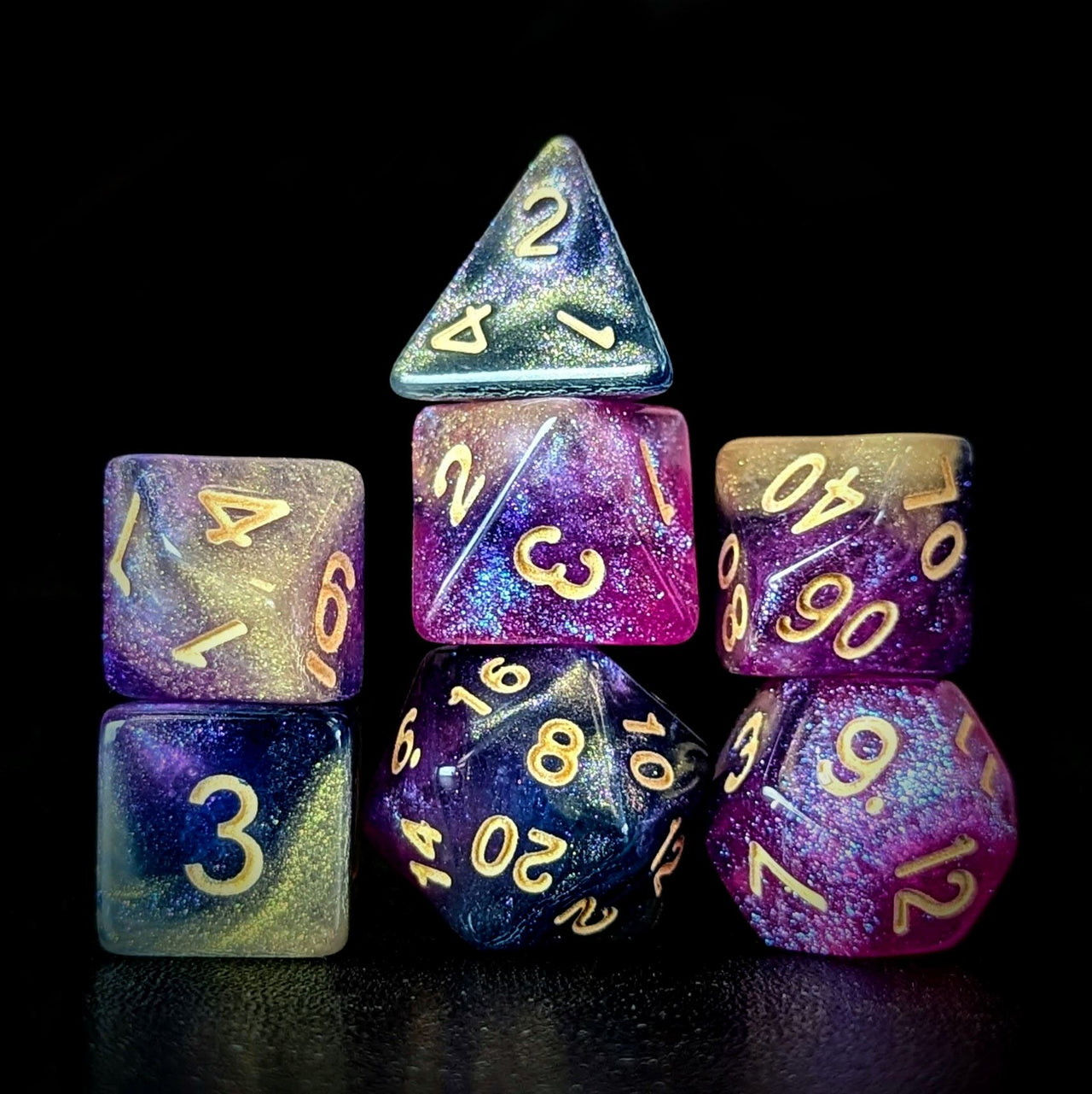 Glitter in Purple & Blue Acrylic - 7pcs RPG Full Dice Set Dark Stack