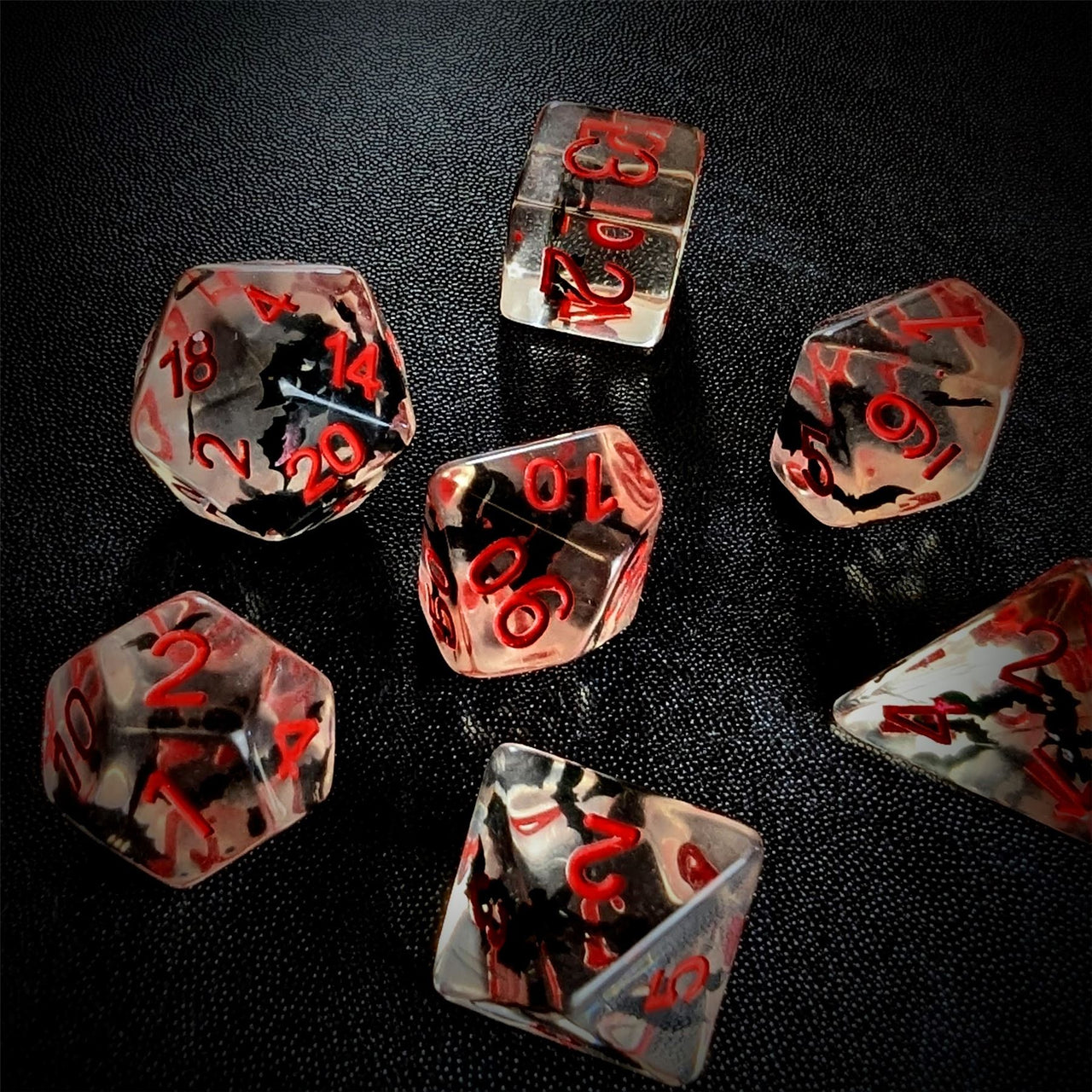 Bats in Clear Resin - 7pcs RPG Full Dice Set