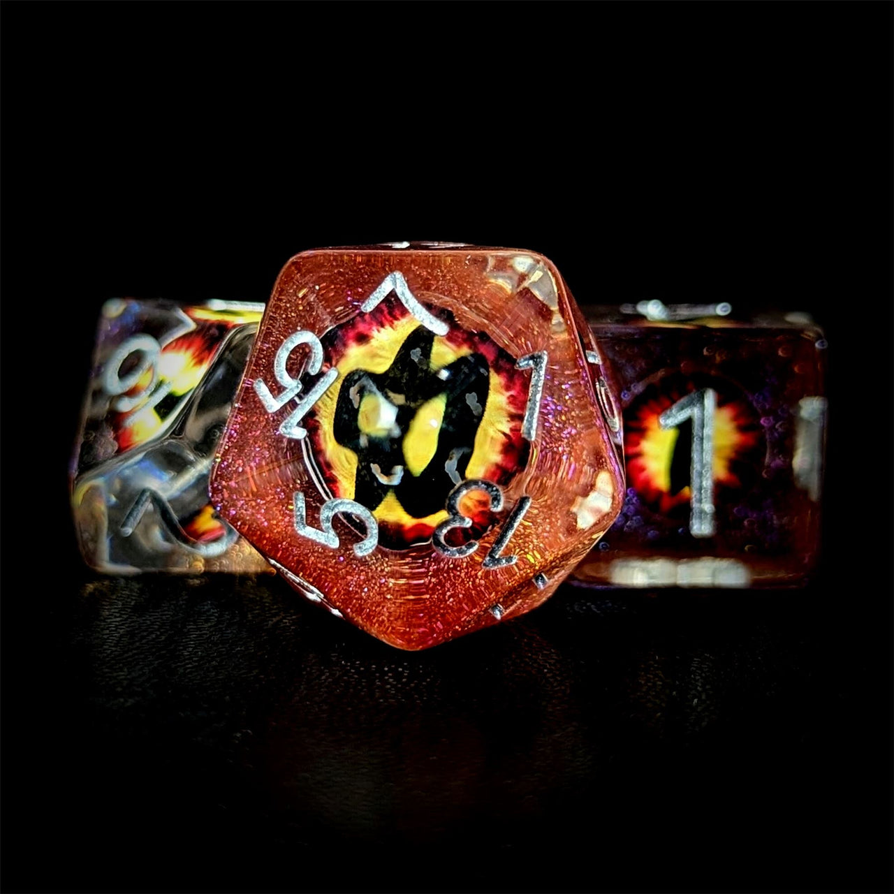 Demon Eye in Clear Orange & Brown Resin - 7pcs RPG Full Dice Set