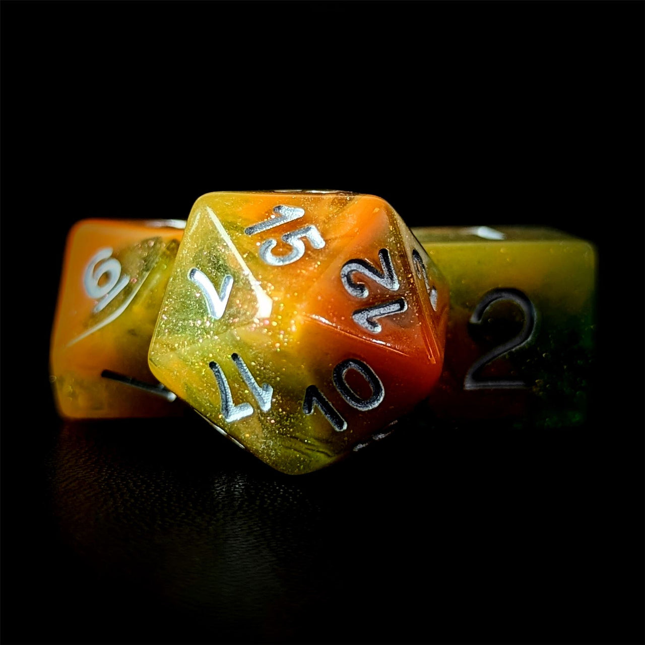 Glitter in Orange & Green Resin - 7pcs RPG Full Dice Set