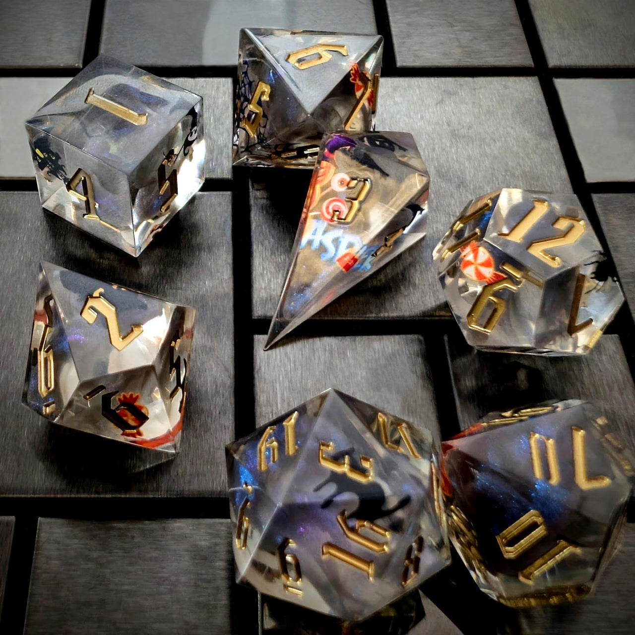 Halloween Spooky in Grey Filled Sharp Resin - 7pcs RPG Dice Set
