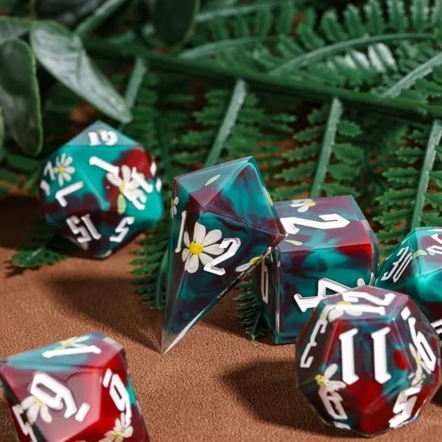 White Flower in Red & Green Filled Sharp Resin - 7pcs RPG Dice Set