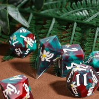 Thumbnail for White Flower in Red & Green Filled Sharp Resin - 7pcs RPG Dice Set