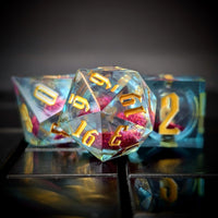 Thumbnail for Pink Glitter in Blue & Clear Liquid Filled Sharp Resin - 7pcs RPG Dice Set