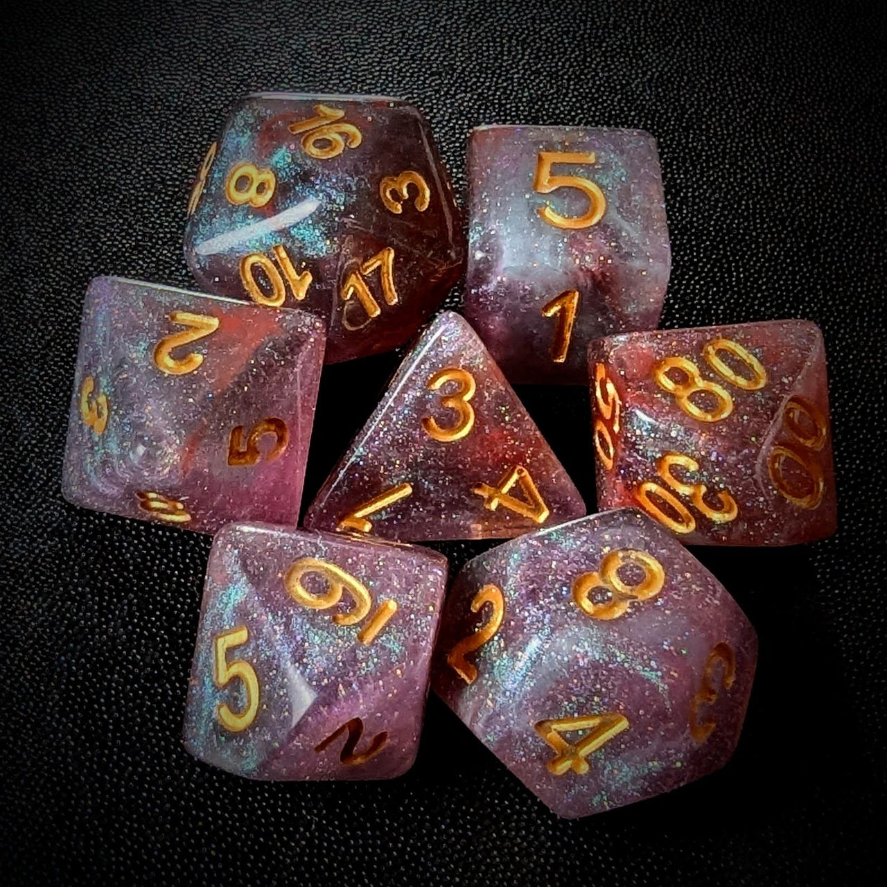 Glitter in Red & Grey Resin - 7pcs RPG Full Dice Set