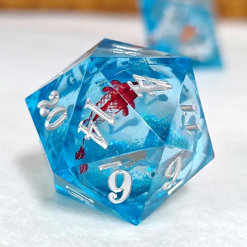 Fish Ball in Clear & Blue Filled Sharp Resin - 7pcs RPG Dice Set