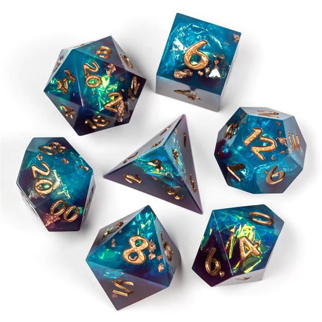 Candy in Blue & Purple with Copper Foil Sharp Resin - 7pcs RPG Dice Set